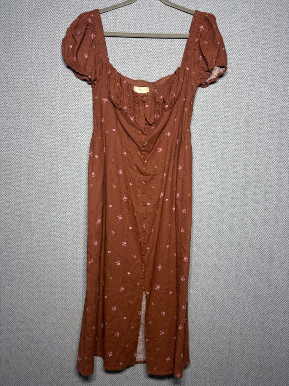 Altar’d State Brown Floral Smocked Puff Sleeve Midi Dress Cottagecore